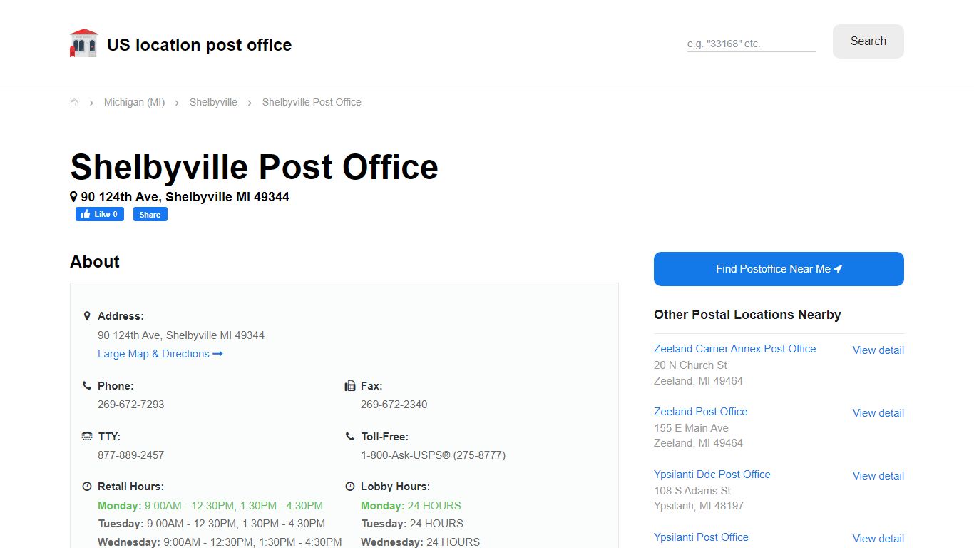 Shelbyville Post Office, MI 49344 - Hours Phone Service and Location