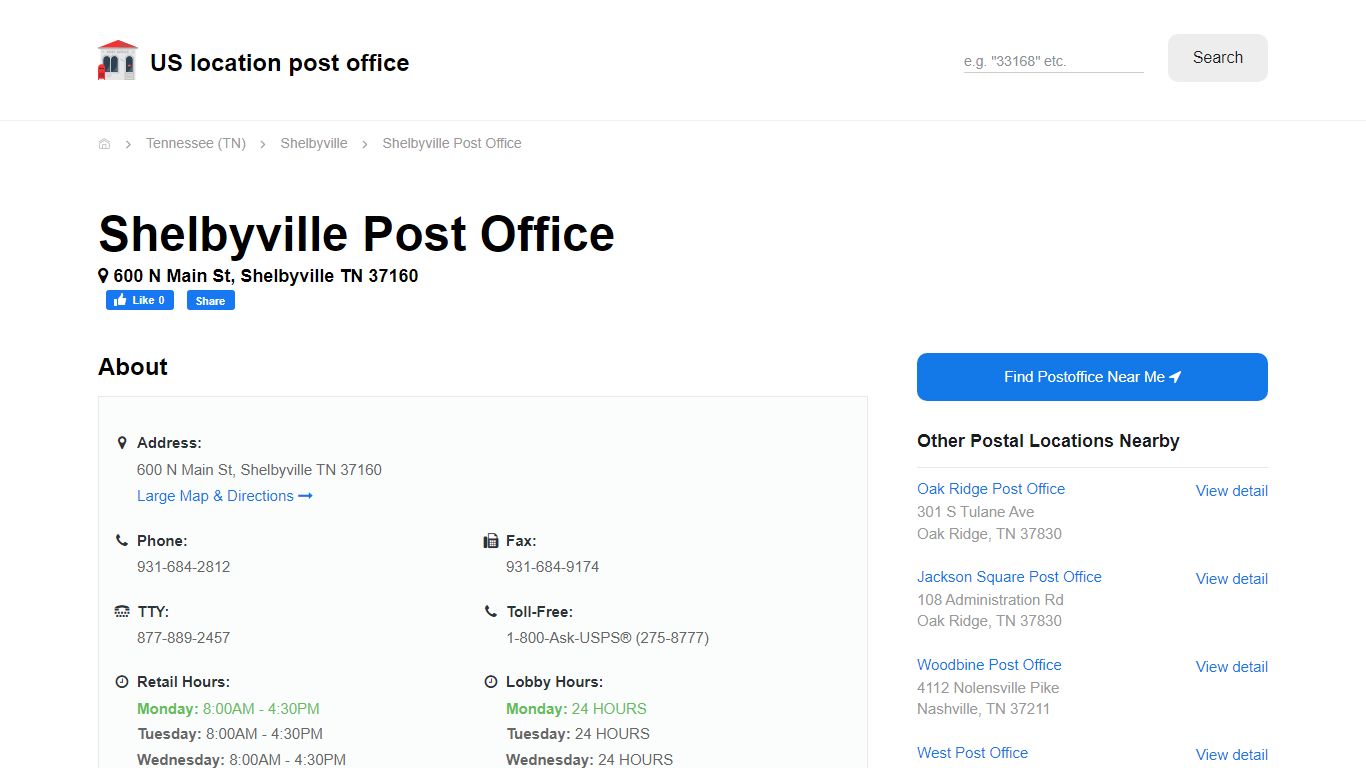 Shelbyville Post Office, TN 37160 - Hours Phone Service and Location