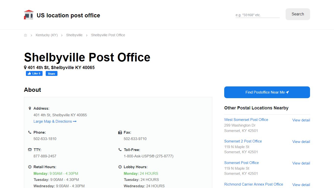 Shelbyville Post Office, KY 40065 - Hours Phone Service and Location