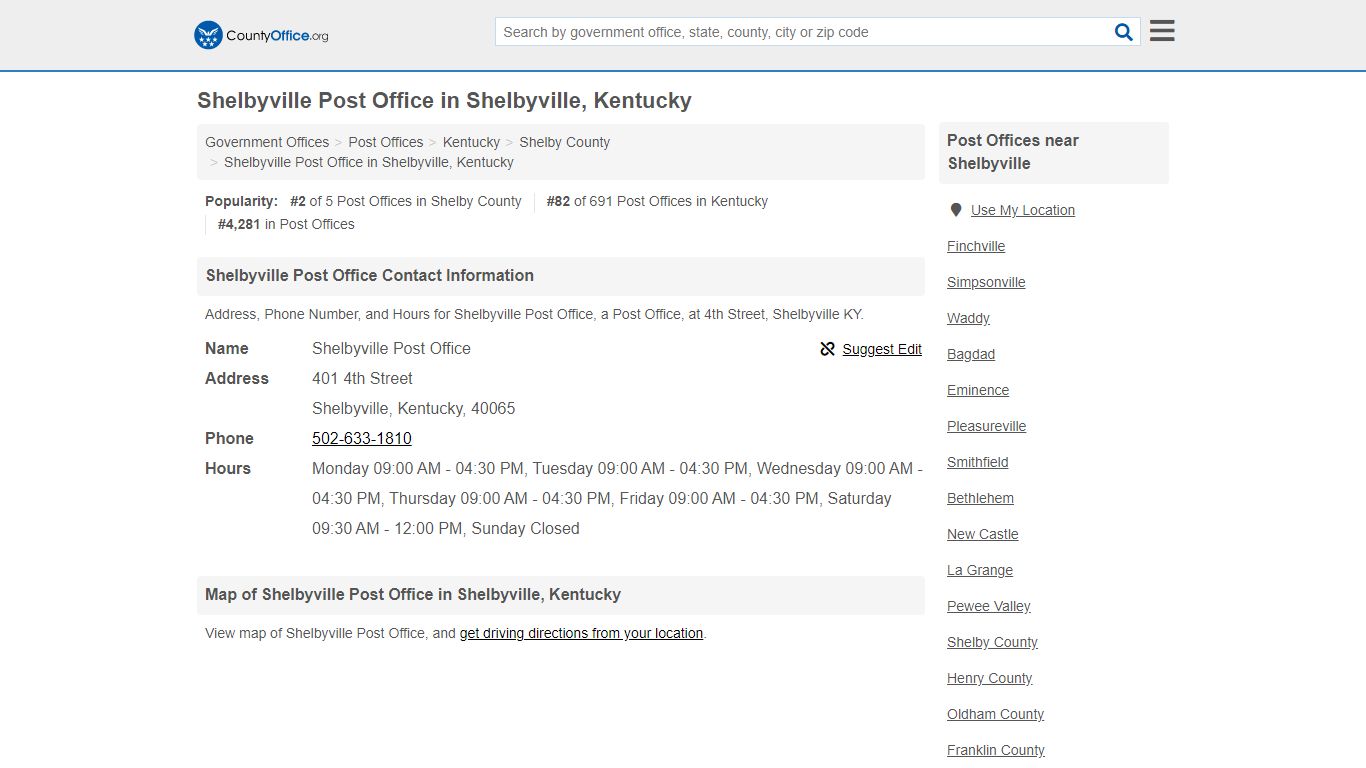 Shelbyville Post Office - Shelbyville, KY (Address, Phone, and Hours)