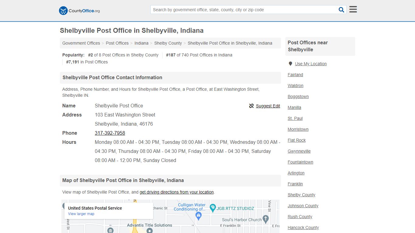 Shelbyville Post Office - Shelbyville, IN (Address, Phone, and Hours)