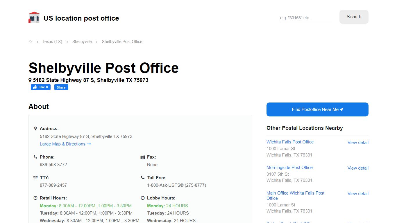 Shelbyville Post Office, TX 75973 - Hours Phone Service and Location